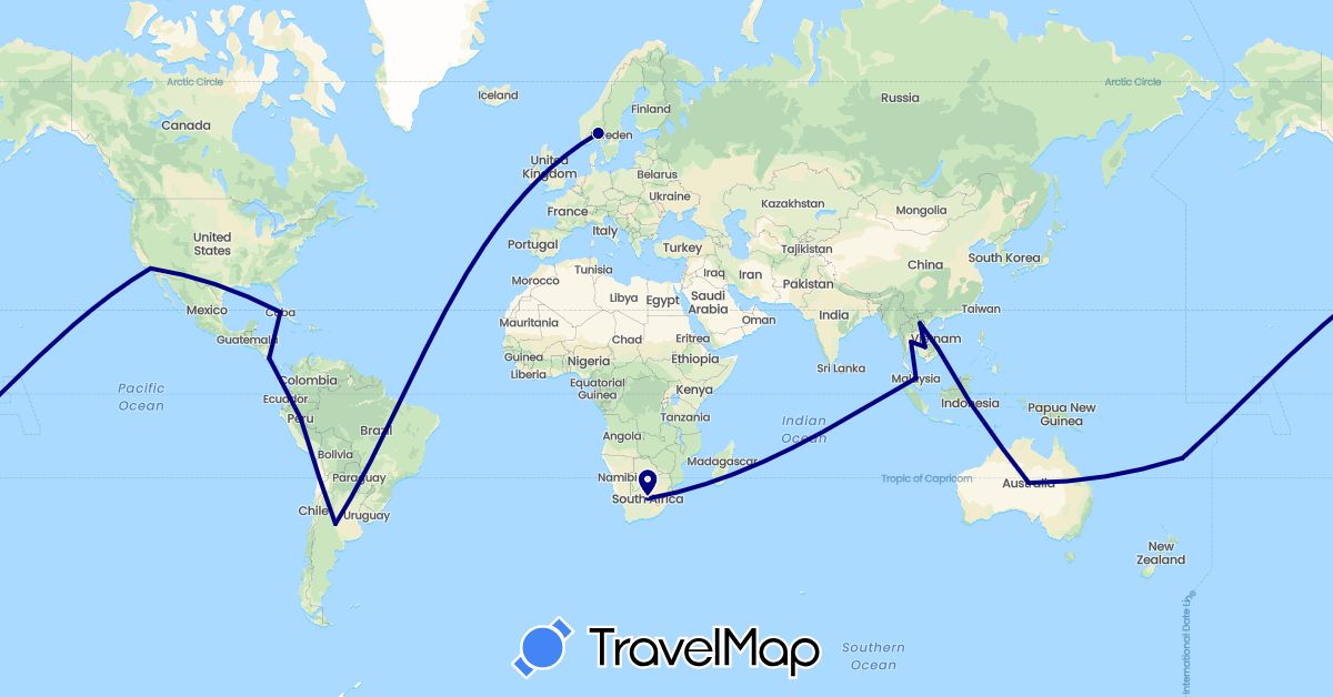 TravelMap itinerary: driving in Argentina, Australia, Costa Rica, Cuba, Fiji, Indonesia, Cambodia, Laos, Malaysia, Norway, Peru, Thailand, United States, Vietnam, South Africa (Africa, Asia, Europe, North America, Oceania, South America)